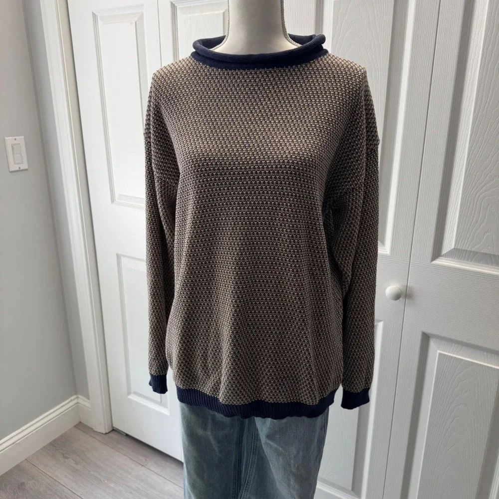 Vintage Ann Taylor Cotton Birds Eye Knit Sweater Navy Tan Roll Neck Pullover M